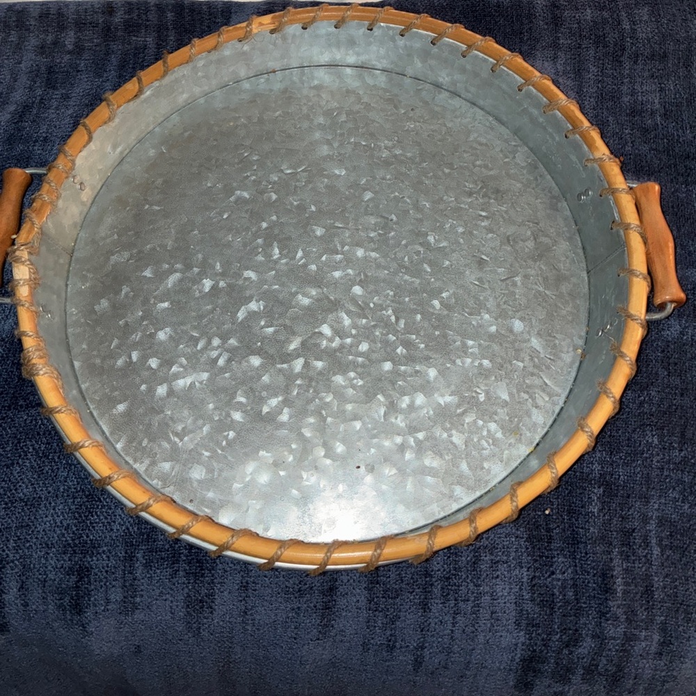 Galvanized‎ Round w/Wooden Handles serving tray.
